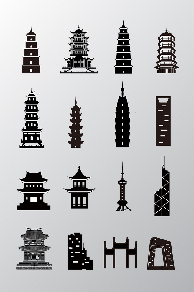 古現(xiàn)代中國(guó)建筑剪影矢量素材 融合傳統(tǒng)與現(xiàn)代的設(shè)計(jì)之美